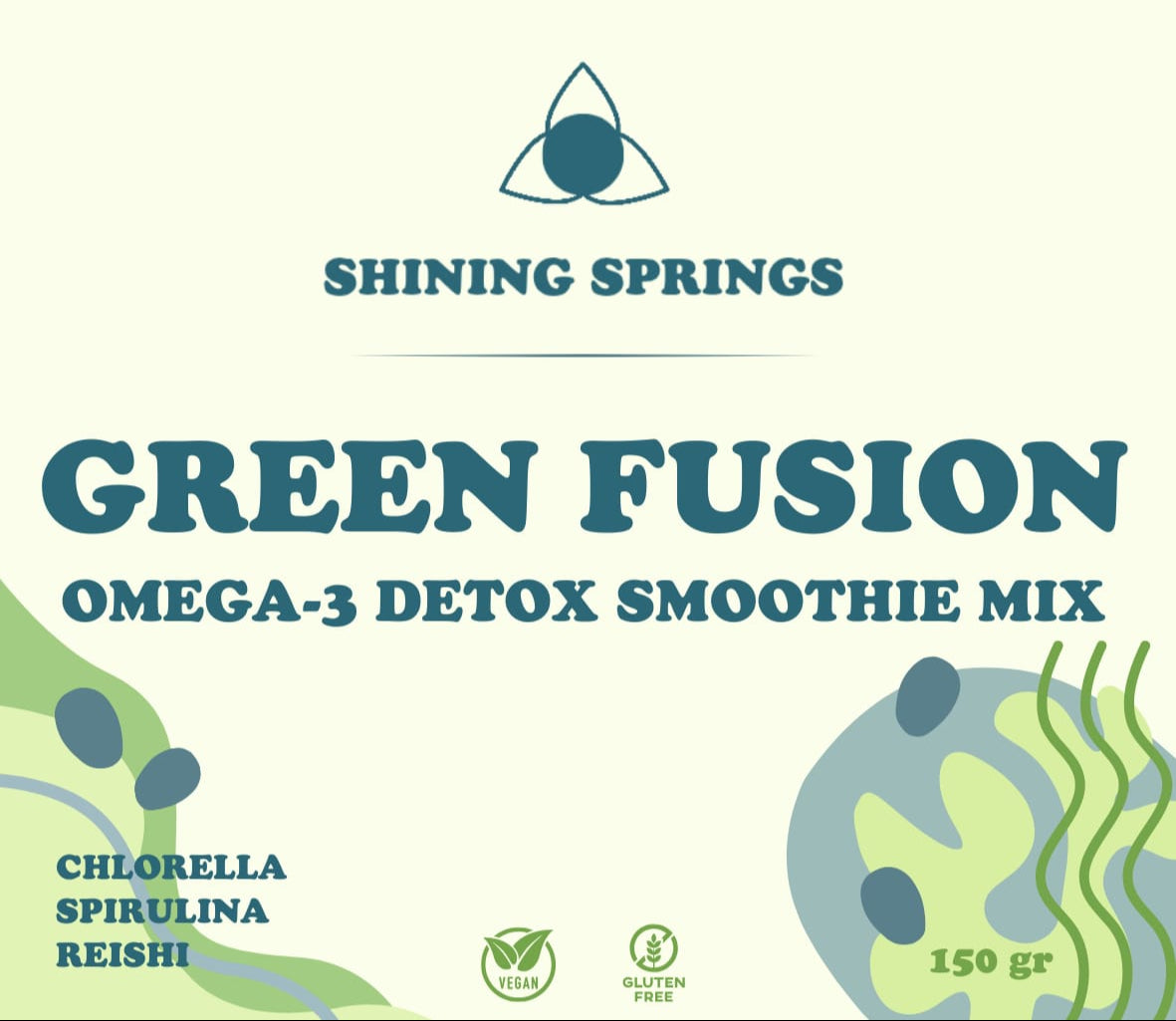 Green Fusion blend with spirulina, chlorella, baobab, hemp protein, and pumpkin seed protein — a chlorophyll-rich, alkalizing formula to support detox, energy, and cellular health.
