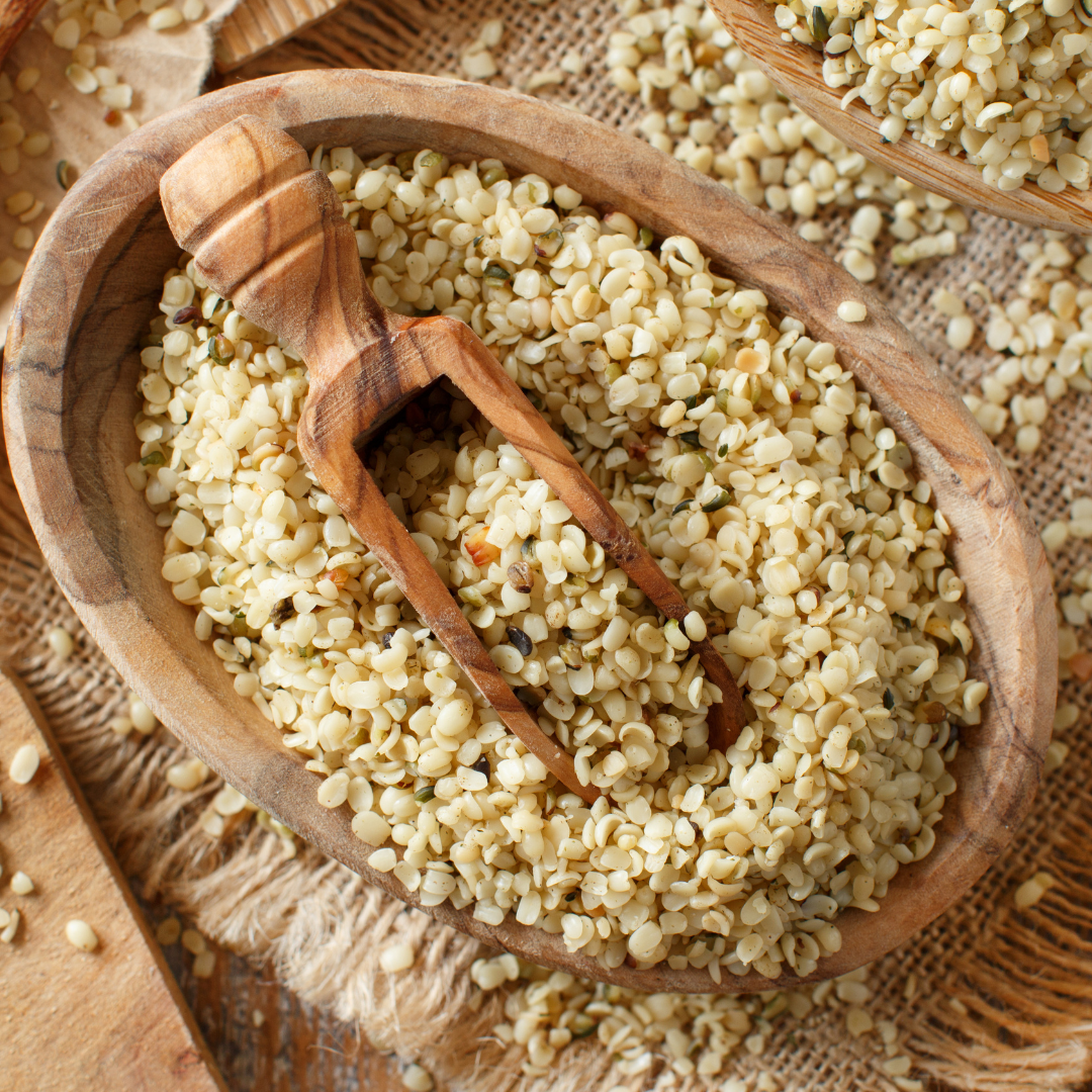 Raw hemp seeds — a complete plant protein rich in omega-3 and omega-6 fatty acids, known for supporting muscle recovery, brain function, and skin health.