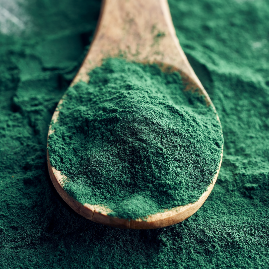 Vibrant green spirulina powder — a nutrient-dense blue-green algae packed with plant protein, iron, and antioxidants, known for boosting energy, detoxifying the body, and supporting immune health.